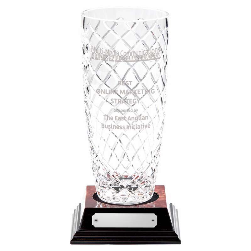 24% Lead Crystal Vase with Panel on Wood Base 215mm – Clear