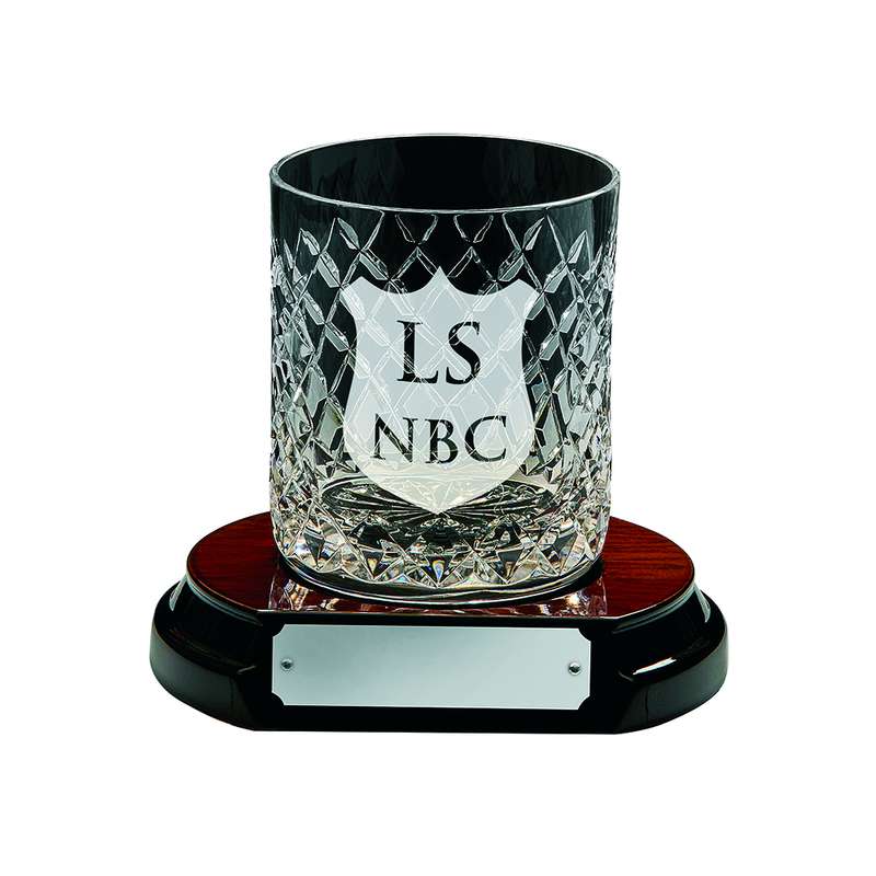 Whiskey Glass Award with Engravable Panel + Base 125mm – Clear
