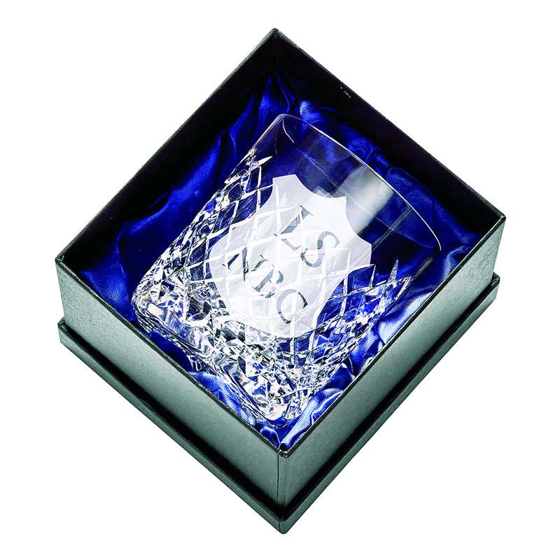Whiskey Glass Award with Engravable Panel + Case 100mm – Clear