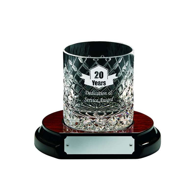 Whiskey Glass Award with Engravable Panel + Base 110mm – Clear