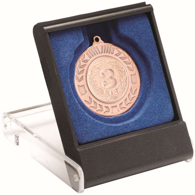 BLACK/CLEAR MEDAL BOX SMALL (40/50mm RECESS BLUE INSERT) – 3.5in