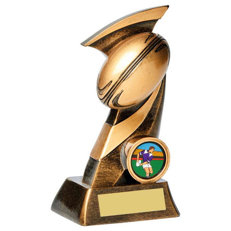 Antique Gold “Scimitar” Rugby Ball Resin Trophy 150mm – Ant Gold