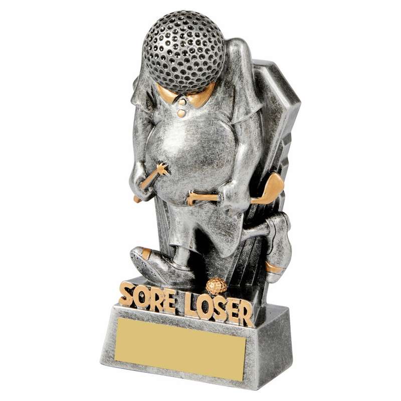 Antique Silver Golf Ball Head – SORE LOSER Trophy 130mm – Ant Silver