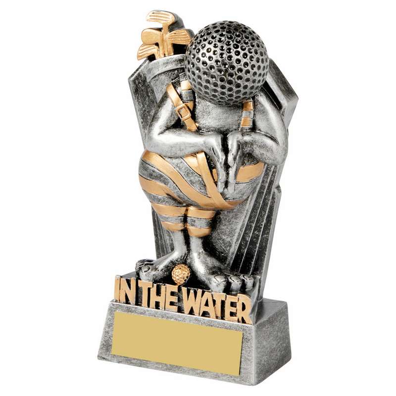 Antique Silver Golf Ball Head – IN THE WATER Trophy 130mm – Ant Silver