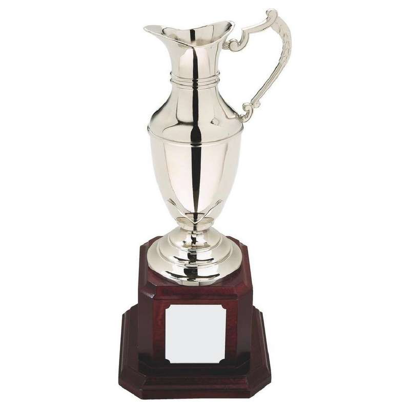 Nickel Plated Claret Jug on Tall Wood Plinth 280mm – Silver
