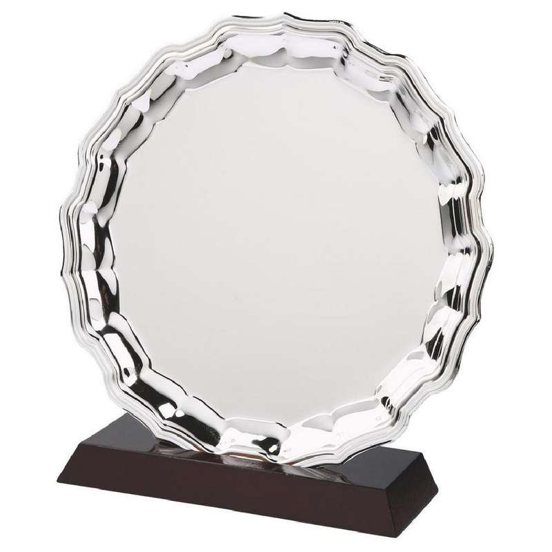 Nickel Plated Salver with Wood Plinth 200mm – Silver