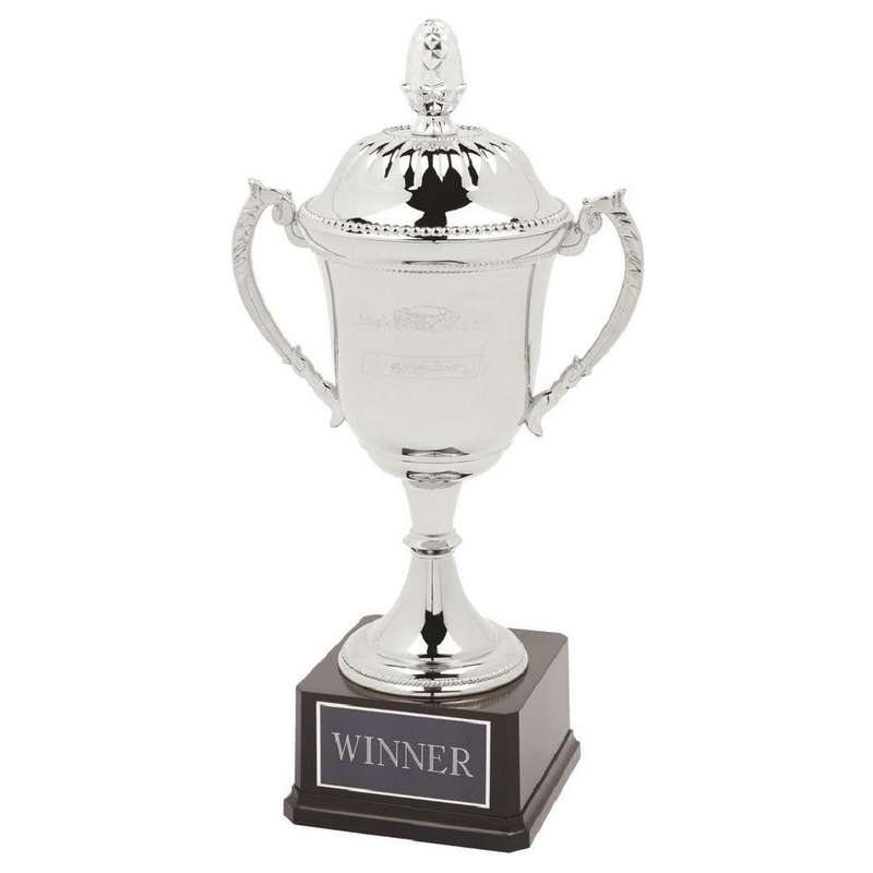Nickel Plated Cup on Black Weighted Base with Lid 410mm – Silver