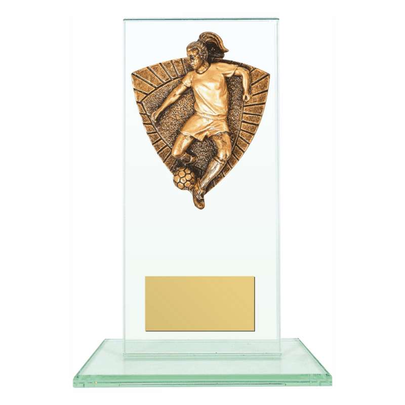 Jade Glass Stand Award with Resin Female Football Trim 160mm – Clear