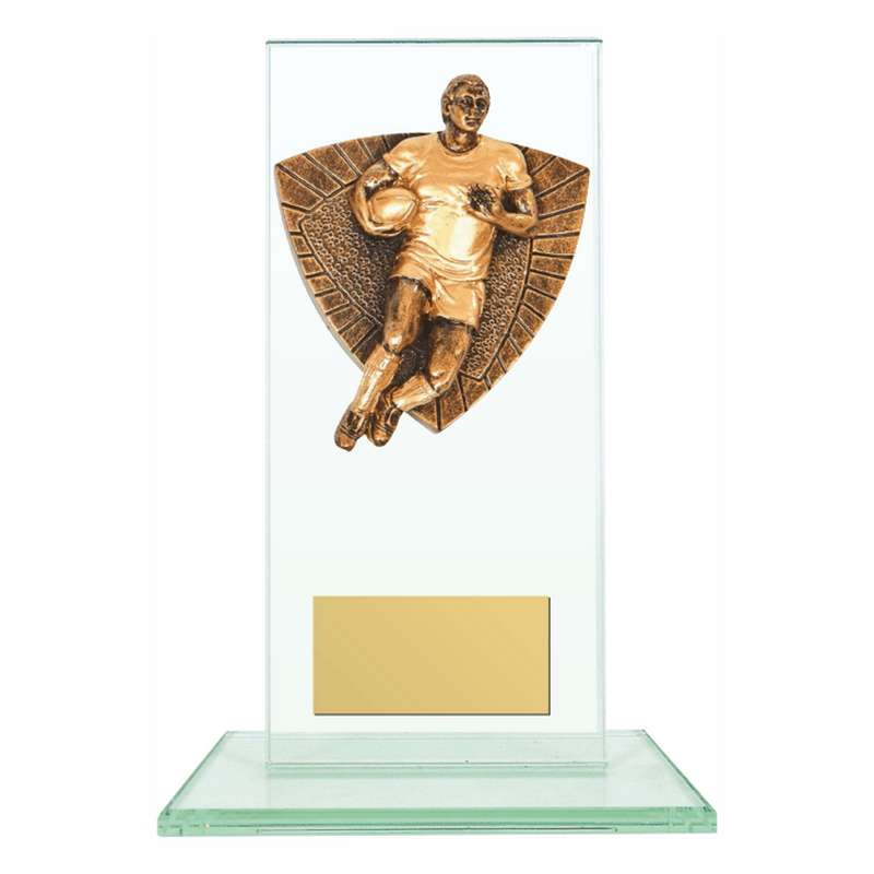Jade Glass Stand Award with Resin Rugby Player Male Trim 160mm – Clear