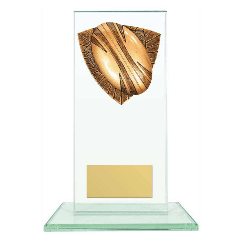 Jade Glass Stand Award with Resin Rugby Ball Trim 160mm – Clear
