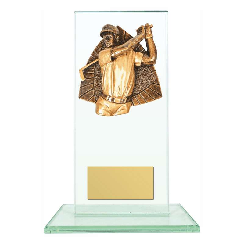 Jade Glass Stand Award with Resin Male Golf Trim 160mm – Clear