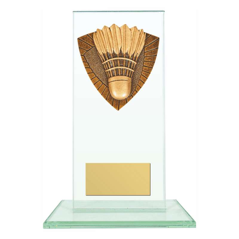 Jade Glass Stand Award with Resin Badminton Trim 160mm – Clear