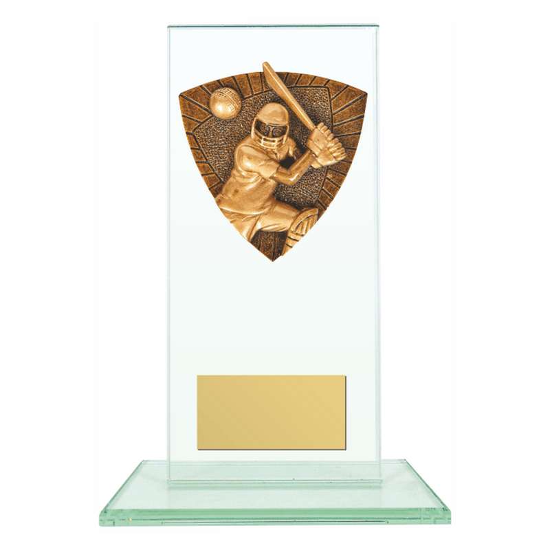Jade Glass Stand Award with Resin Cricket Batsman Trim 160mm – Clear