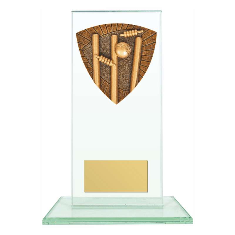 Jade Glass Stand Award with Resin Cricket Stumps Trim 160mm – Clear