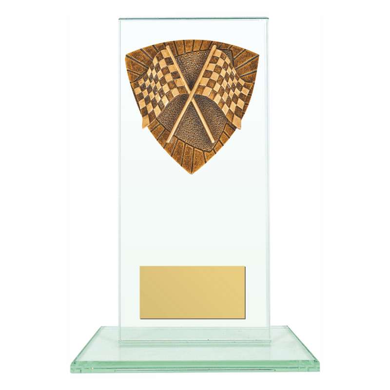 Jade Glass Stand Award with Resin Motor Sport Flag Trim 160mm – Clear