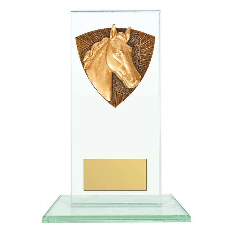 Jade Glass Stand Award with Resin Horse Trim 160mm – Clear