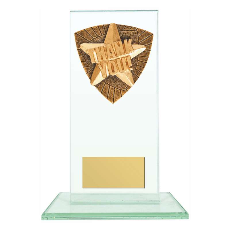 Jade Glass Stand Award with Resin Thank You Trim 160mm – Clear