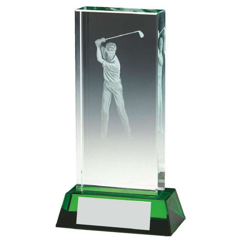 Male Golf Jade Glass Block Award with Green Base (In Presentation Case) 100mm – Green