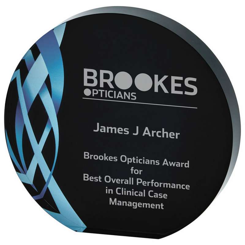Circular Blue Glass Award – Black Background 110mm – Clear