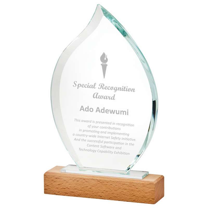 Tear Drop Stand Glass Award with Wooden Base 205mm – Clear