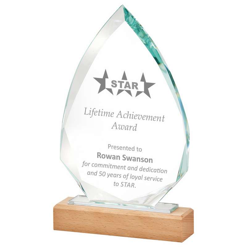 Glass Stand Award with Wooden Base 210mm – Clear