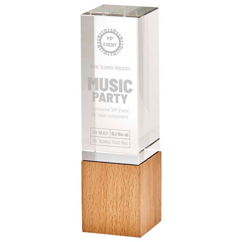 Glass Block Award with Wooden Base 170mm – Clear