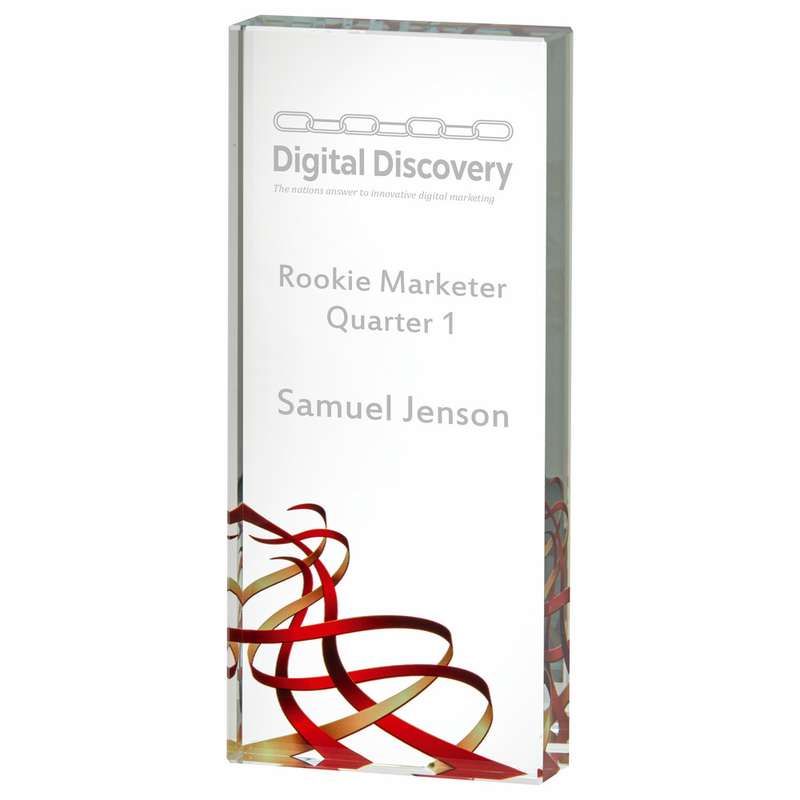 Red Ribbon Glass Block Award 140mm – Red