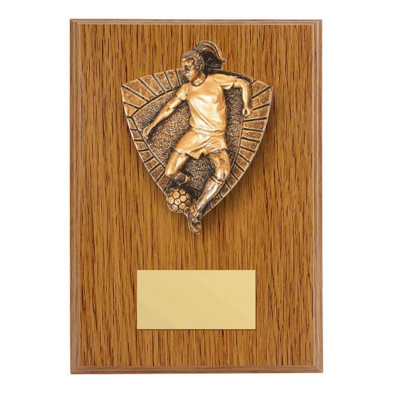 Wood Plaque with Resin Female Football Trim 150mm – Light Oak