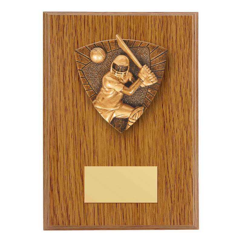 Wood Plaque with Resin Cricket Batsman Trim 150mm – Light Oak