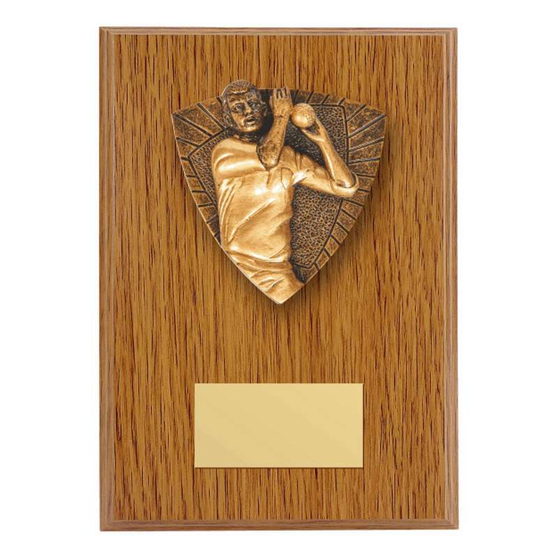 Wood Plaque with Resin Cricket Bowler Trim 150mm – Light Oak