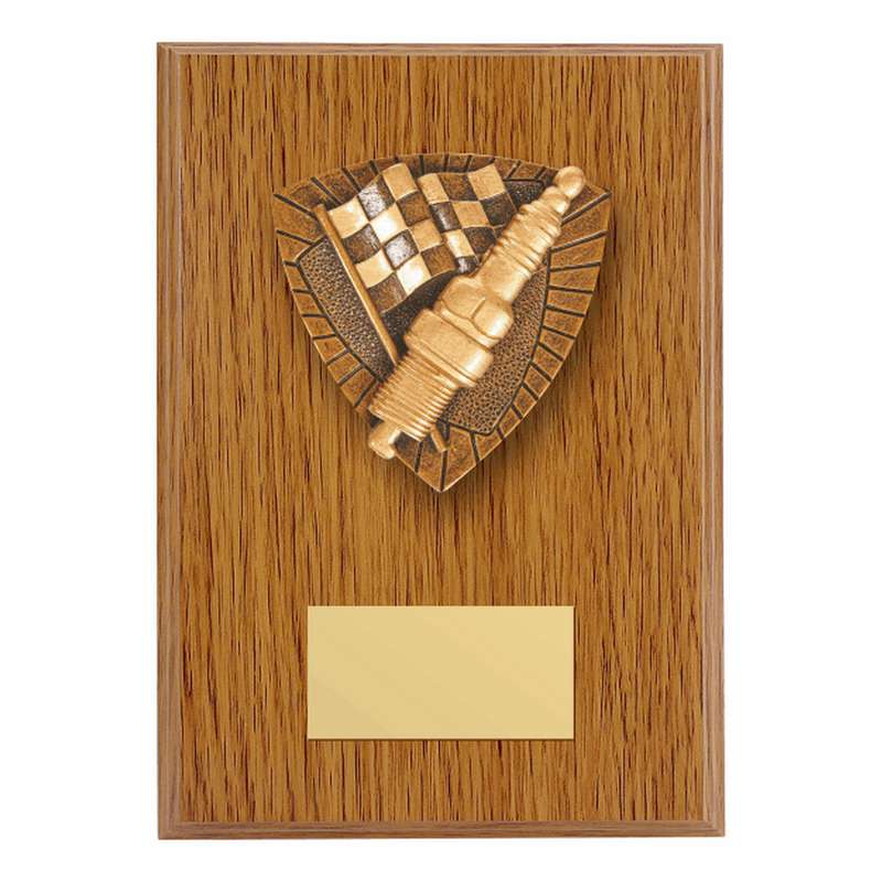 Wood Plaque with Resin Motor Sport Plug/Flag Trim 150mm – Light Oak