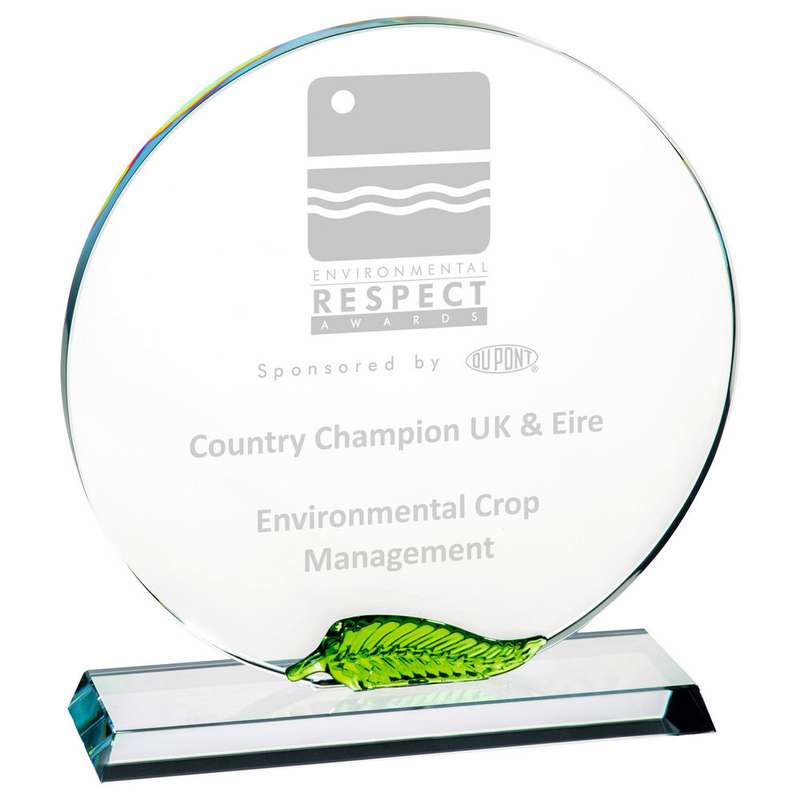 Clear Glass Award with Green Leaf 170mm – Clear