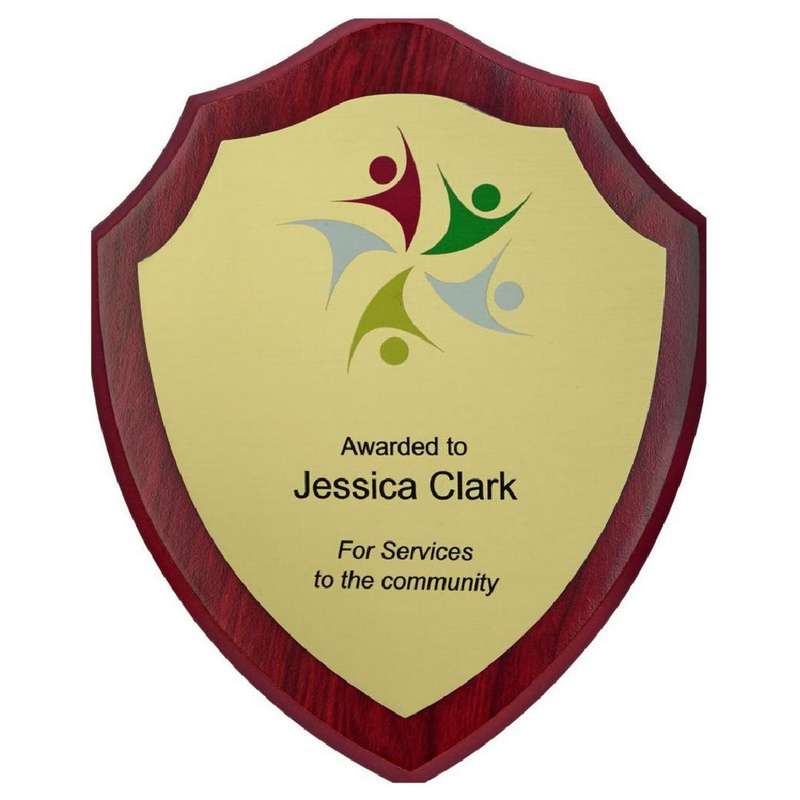 Wood Shield Award with Colour Laminate Front – PLEASE SPECIFY COLOUR IN NOTES 150mm – Dark Wood